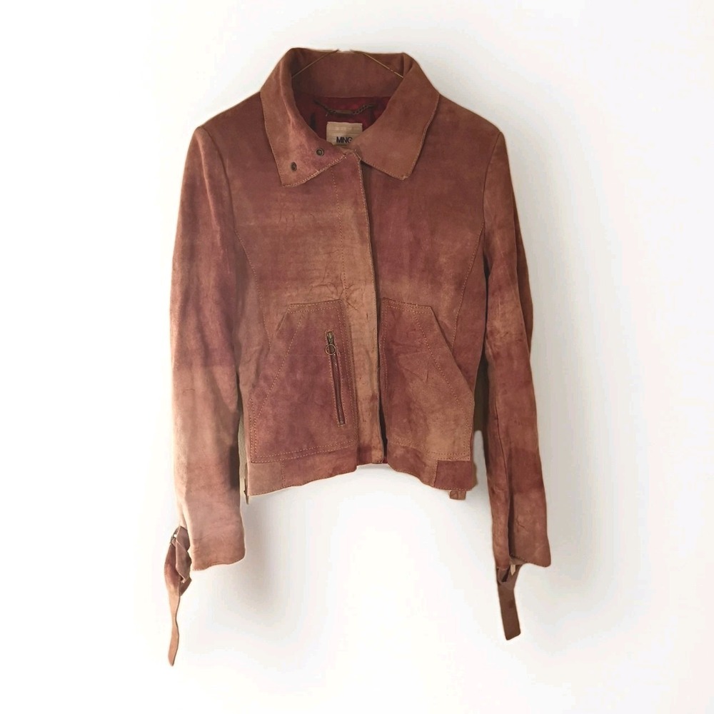 MNG‎ by Mango Tan Natural Leather Moto Jacket Women Medium
